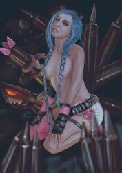 bloodywing blue_hair breasts bullet bullets cosplay earrings female fingerless_gloves jinx_(league_of_legends)_(cosplay) kneeling large_breasts league_of_legends long_braid nipples piercing solo suicide_girls twin_braids