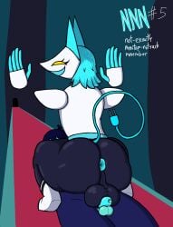 1boy 1futa anthro anus ass back back_view balls big_ass blue_anus blue_hair chastity chastity_cage chastity_device cock-tail deltarune futa_focus futadom futanari humanoid_penis kris_(deltarune) looking_back male malesub november nude penis self_upload solo_focus squatting sultryscribz tail tasque_manager_(deltarune) yellow_eyes