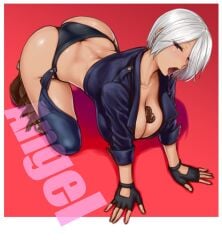 1girls all_fours angel_(kof) artist_request ass between_breasts big_ass big_breasts breasts busty candy chocolate chocolate_heart cleavage female female_only fingerless_gloves gloves grey_hair hair_over_one_eye heart horny king_of_fighters large_breasts legs looking_at_viewer naughty_face open_mouth saliva short_hair snk solo thighs tongue tongue_out valentine