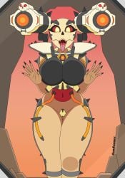 1girls against_glass big_breasts breasts breasts_on_glass clothing demon demon_girl doom doom_eternal female glass looking_at_viewer monster monster_girl revenant_(doom) samrunner solo solo_female thick_thighs thighhighs thighs