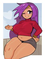 1girls dark_skin female female_only heart red_shirt ring shantae shantae_(character) shorts smooth_skin solo sweater wink xenoglitch