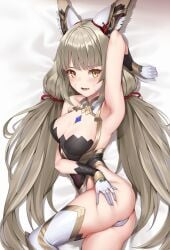 armpits ass cat_ears catgirl core_crystal grey_hair long_hair looking_at_viewer matrix16 nia nia_(blade) nia_(xenoblade) nintendo on_bed small_breasts thighs very_long_hair xenoblade_(series) xenoblade_chronicles_2 yellow_eyes