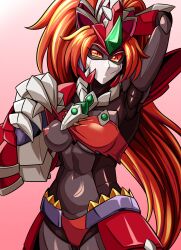 hocen mecha nipples no_mouth original red_eyes red_hair robot robot_breasts robot_girl top_lift