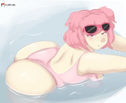 1girls ass bent_over big_ass bottom_heavy breasts bubble_butt clothing dat_ass doki_doki_literature_club fat_ass female female_only huge_ass large_ass lewddoodler looking_at_viewer natsuki_(doki_doki_literature_club) one-piece_swimsuit pink_eyes pink_hair pool slightly_chubby solo sunglasses sunglasses_on_head swimsuit thick_ass thick_thighs wide_hips