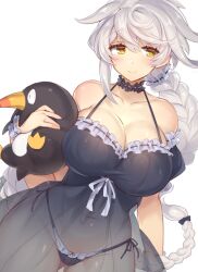 1girls asymmetrical_hair babydoll bare_shoulders black_bow black_panties blush bow braid braided_ponytail breasts choker cleavage collarbone covered_navel failure_penguin frilled_choker frills gluteal_fold hairbow hip_focus huge_breasts jitome kantai_collection long_hair panties pokoten_(pokoten718) puffy_short_sleeves puffy_sleeves scrunchie see-through short_sleeves side-tie_panties silver_hair simple_background single_braid smile solo underwear unryuu_(kantai_collection) very_long_hair wavy_hair white_background wide_hips yamaarashi yellow_eyes