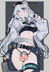 1futa animal_ears arknights aurora_(arknights) balls bear_ears bear_girl black_hairband black_shirt blue_eyes bottomless breasts chastity chastity_cage chastity_device clothed clothing cowboy_shot cropped_jacket cropped_shirt cum cum_in_chastity flaccid flat_chastity_cage futa_only futanari grey_background grey_hair grey_jacket hairband handsfree_ejaculation highres humanoid jacket kemonomimi light-skinned_futanari light_skin long_sleeves looking_at_viewer medium_breasts mirin_chikuwa navel open_mouth pants partially_clothed shirt small_penis solo standing testicles thigh_strap two-tone_background