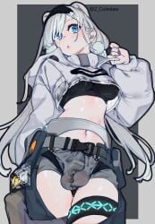 1futa animal_ears arknights aurora_(arknights) balls bear_ears bear_girl black_hairband black_shirt blue_eyes breasts chastity chastity_cage clothed clothing covered_testicles cowboy_shot cropped_jacket cropped_shirt flat_chastity_cage fully_clothed futa_only futanari grey_background grey_hair grey_jacket grey_shorts hairband highres humanoid jacket kemonomimi light-skinned_futanari light_skin long_hair long_sleeves looking_at_viewer medium_breasts mirin_chikuwa navel open_mouth pants precum precum_through_clothes shirt shorts small_penis solo standing thigh_strap two-tone_background