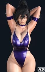 3d armpits arms_behind_head big_breasts cleavage fumitan_admoss glasses gundam gundam_tekketsu_no_orphans hagiwara_studio hair_bun looking_at_viewer one-piece_swimsuit