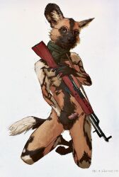 african_wild_dog anthro canid canine everruler eyewear fur genitals glasses gun hi_res humanoid_genitalia humanoid_penis male mammal masturbation multicolored_body multicolored_fur penis ranged_weapon rifle round_ears round_glasses semiautomatic solo weapon