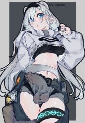 1futa 2022 animal_ears arknights aurora_(arknights) balls bear_ears bear_girl big_penis black_hairband black_shirt blue_eyes breasts bulge clothed clothing covered_penis covered_testicles cowboy_shot cropped_jacket cropped_shirt erection erection_under_clothes female fully_clothed futa_only futanari grey_background grey_hair grey_jacket grey_shorts hairband highres humanoid humanoid_penis jacket kemonomimi light-skinned_futanari light_skin long_hair long_sleeves looking_at_viewer medium_breasts mirin_chikuwa navel open_mouth pants penis precum precum_through_clothes shirt shorts solo thigh_strap two-tone_background