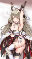 armpits ass cat_ears catgirl core_crystal grey_hair long_hair looking_at_viewer matrix16 nia nia_(blade) nia_(xenoblade) nintendo on_bed small_breasts thighs very_long_hair xenoblade_(series) xenoblade_chronicles_2 yellow_eyes