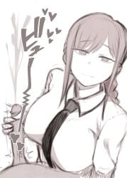 chainsaw_man clothed_female_nude_male cum dress_shirt ejaculation handjob large_breasts looking_at_viewer makima_(chainsaw_man) monochrome orgasm pov red_hair suna_ponz tagme tie