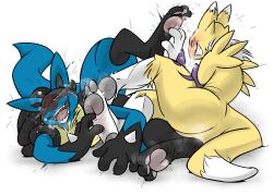 absurd_res anthro bandai_namco blush blushing_profusely bodily_fluids crossover crying_laughing death_battle digimon digimon_(species) duo feet female fingers_on_foot flinch foot_fetish foot_play generation_4_pokemon grin hi_res laugh lucario male male/female nintendo open_mouth pawfeather pawpads paws pokemon pokemon_(species) renamon smile soles steam sweat tears tears_on_cheek tickle_fetish tickling tickling_feet toes twitching video_games