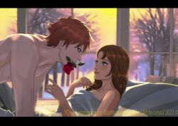 1boy1girl bent_over blue_eyes breasts brown_hair gaara green_eyes indoors lesya7 looking_at_another lying_on_back lying_on_bed male/female naked naruto naruto:_the_last naruto_(series) naruto_shippuden original_character red_hair romantic romantic_couple rose rose_(flower) rose_in_mouth shirtless shirtless_(male) sunset under_covers