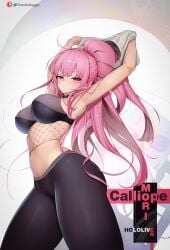 1girls 2022 armpit arms_up artist_name ass belly big_breasts female fishnets greatodoggo hololive hololive_english hololive_myth leggings looking_at_viewer midriff mori_calliope navel pants pink_eyes pink_hair sideboob solo standing thick_thighs thighs virtual_youtuber yoga_pants