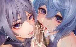 1boy 2girls bangs bare_shoulders bell blue_hair braid censored close-up collaborative_fellatio cum cum_in_mouth cum_on_tongue double_fellatio facial fellatio ffm_threesome ganyu_(genshin_impact) genshin_impact group_sex highres keqing_(genshin_impact) long_hair looking_at_viewer mosaic_censoring multiple_girls neck_bell open_mouth penis purple_eyes purple_hair sleeveless steaming_body straight suujiniku suushiki teamwork threesome tongue tongue_out upper_body