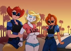 3girls animaniacs arrest breasts clothed crop_top crossover disney erect_nipples female female_focus female_only female_with_female furry_only goof_troop handcuffs large_breasts lunargue minerva_mink nipple_bulge not_porn peg_pete police police_uniform police_woman roxanne_(goof_troop) short_shorts sunglasses thick_thighs thighs tinted_eyewear underboob warner_brothers