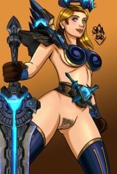 1girls 2020 blizzard_entertainment blonde_hair esidien human human_(world_of_warcraft) large_breasts light-skinned_female light_skin original_character pubic_hair shina solo spread_legs stockings warcraft world_of_warcraft