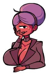 business_suit bust cleavage cyclops gastrictank hand_on_cheek hand_on_chin large_breasts looking_at_viewer one_eye purple_hair red_skin squidapple vivola_(squidapple)