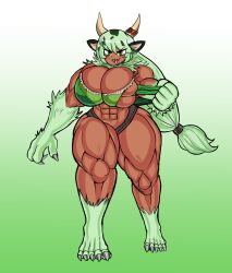 angry_face big_breasts brown_skin green_hair horns hydrovert jade_(beefmaster) looking_at_viewer oc original_character tail tearing_clothes wide_hips