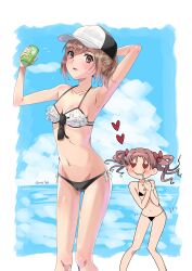 2girls absurd_res armpits arms_up bare_shoulders baseball_cap bikini black_bikini blue_sky breasts brown_eyes brown_hair cameltoe can cloud collarbone day drooling eyewear_removed feet_out_of_frame female frilled_bikini frilled_bikini_top frills hat heart heart-shaped_pupils hi_res horny light-skinned_female light_skin midriff misaka_mikoto mismatched_bikini multiple_girls naguramu navel outdoors ponytail pussy_outline saliva shirai_kuroko sky small_breasts soda_can standing swimsuit teenage_girl teenager to_aru_kagaku_no_railgun to_aru_majutsu_no_index twitter_username white_bikini young yuri