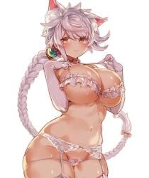 1girls animal_ears asymmetrical_hair bare_shoulders braid breasts cameltoe cat_ears cowboy_shot curvy elbow_gloves garter_belt garter_straps gloves hi_res jitome kantai_collection kemonomimi_mode large_breasts lips long_hair lowleg lowleg_panties midriff navel panties pokoten_(pokoten718) shiny shiny_skin silver_hair single_braid standing strap_pull thighhighs thighs underwear underwear_only unryuu_(kantai_collection) very_long_hair wavy_hair white_panties yamaarashi yellow_eyes