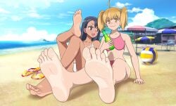 2girls badbadfish barefoot beach bikini black_hair blonde_hair blush breasts brown_eyes feet female female_focus female_only foot_focus hayase_nagatoro long_hair medium_hair multiple_girls navel open_mouth please_don't_bully_me,_nagatoro pov_feet sitting soles tanline tanned toes watermark yoshi_(nagatoro)