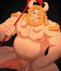 1boy 2d anthro asgore_dreemurr balls bara big_penis blackclownowo blonde_hair boner dad_bod deltarune erection facial_hair furry gay goat goat_horns hairy horns male male_only muscles overweight overweight_male penis solo solo_male trident undertale undertale_(series) white_fur