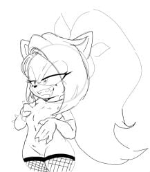 1girls anthro breast_grab elbow_gloves female fishnet_legwear fishnets half-closed_eyes jaynatorburudragon latex_gloves long_gloves monochrome pussy sharp_teeth small_breasts solo sonic_(series) star_the_spineless_hedgehog