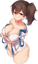 1girls bottomless breast_hold breasts brown_hair clothes_down collarbone colored_eyelashes covered_erect_nipples crossed_arms curvy female_focus from_side hi_res japanese_clothes jitome kaga_(kantai_collection) kantai_collection large_breasts looking_at_viewer navel no_panties no_pants open_clothes pokoten_(pokoten718) puffy_nipples short_ponytail side_ponytail simple_background solo white_background wide_sleeves yamaarashi yellow_eyes