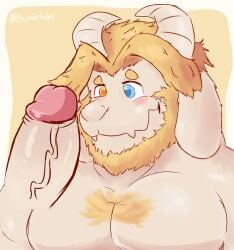 2boys 2d anthro asgore_dreemurr balls bara big_penis blonde_hair boner dad_bod deltarune eeveecholo erection facial_hair furry gay goat goat_horns hairy heterochromia horns male male_only muscles overweight overweight_male penis solo solo_male undertale undertale_(series) white_fur