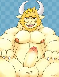 1boy 2d anthro anthro_only asgore_dreemurr balls bara big_penis blonde_hair boner crown dad_bod deltarune erection facial_hair furry gay goat goat_horns hairy horns male male_only muscles overweight overweight_male penis schwarzfox solo solo_male undertale undertale_(series) white_fur