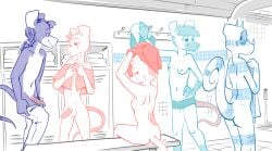 2022 anthro breasts casey_(moot_point) chameleon clio_(moot_point) clothed clothing domestic_cat erection felid feline felis female front_view gabe_(nontoxo) genitals group invisible kol_(nontoxo) lizard locker_room male mammal moot_point mouse murid murine nemo_(moot_point) nipples nude penis rear_view reptile rodent scalie shy sitting story story_in_description topless topless_female toxoglossa undressing