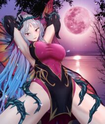 1girls arms_behind_head ass_visible_through_thighs breasts fairy fairy_wings female female_only fire_emblem fire_emblem_heroes full_moon grey_hair large_breasts long_hair looking_at_viewer matoimangekyo moon multicolored_hair nintendo ocean open_mouth pink_moon plumeria_(fire_emblem) pose red_hair red_moon sideboob smile solo very_long_hair water wings