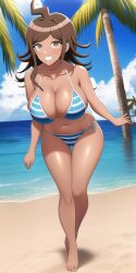 2022 ahoge ai_generated beach big_breasts bikini bikini_bottom bikini_top blue_bikini blue_bikini_bottom blue_bikini_top brown_eyes brown_hair cloud clouds cloudy_sky danganronpa danganronpa_2:_goodbye_despair danganronpa_s:_ultimate_summer_camp dark-skinned_female dark_skin eyelashes female female_focus female_only gleam gleaming hair huge_breasts leaning leaning_forward looking_at_viewer medium_hair n.c.b_ai nai_diffusion ocean open_mouth owari_akane palm_tree palm_trees palmon palmtree palmtrees sand sea seaside sky smile stable_diffusion striped_bikini stripes super_danganronpa_2 tanned tanned_female tanned_girl tanned_skin thighs