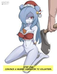 absurd_res arms_tied_behind_back axe bahamosia blue_body blue_hair blue_skin bodily_fluids bottomless breasts censored cleft_of_venus clothed clothing crying disembodied_hand duo female gardevoir generation_3_pokemon genitals hi_res human humanoid larger_male looking_at_viewer mammal melee_weapon mosaic_censoring mosaic_censorship navel navel_line nintendo pokémon_(species) pokemon pokemon_(species) pussy rope simple_background smaller_female tears tied_arms tied_hands vanitas_(artist) vertical_navel video_games weapon white_background