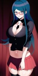 ai_generated blue_eyes blue_hair buttons cleavage cosplay danganronpa danganronpa_v3 glasses junko_enoshima large_breasts light-skinned_female midriff n.c.b_ai nai_diffusion necktie pale-skinned_female shirogane_tsumugi skirt solo solo_female stable_diffusion thighhighs