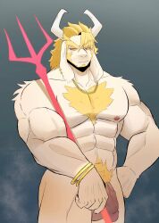 1boy 2d anthro asgore_dreemurr balls bara blonde_hair body_hair chest_hair dad_bod deltarune ear_piercing facial_hair furry gay goat goat_horns hairy horns male male_only muscles necklace overweight overweight_male penis pkylblu pubes pubic_hair solo solo_male trident undertale undertale_(series) white_fur