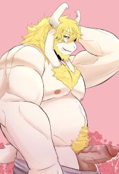 1boy 2d anthro asgore_dreemurr balls bara blonde_hair body_hair boner chest_hair dad_bod deltarune erection facial_hair furry gay goat goat_horns hairy horns male male_only muscles musk overweight overweight_male penis pkylblu precum pubes pubic_hair solo solo_male undertale undertale_(series) white_fur