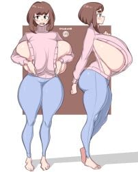 1girls alternate_breast_size artist_signature blush breasts brown_eyes brown_hair clothed clothed_female female hips huge_breasts hyper_breasts jeans light-skinned_female light_skin massive_breasts my_hero_academia ochako_uraraka onaeane short_hair sideboob sweater thick_thighs thighs wide_hips