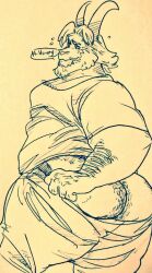 1boy 2d anthro asgore_dreemurr ass bara blonde_hair dad_bod deltarune facial_hair furry gay goat goat_horns hairy hairy_ass horns male male_only muscles overweight overweight_male pants_down pulling_down_pants sketch solo solo_male speech_bubble staticlustdemons undertale undertale_(series) white_fur wuffinarts