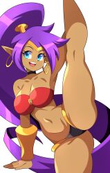 1girls abysswatchers armwear bare_legs blue_eyes bottomwear breasts cleavage earrings female hair hoop_earrings leg_grab leg_up medium_breasts one_leg_raised one_leg_up open_mouth ponytail purple_hair red_topwear shantae shantae_(character) smile solo solo_female standing_split thick_thighs thighs topwear