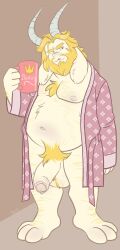 1boy 2d anthro asgore_dreemurr ball_tuft balls bara big_balls big_penis blonde_hair body_hair chest_hair dad_bod deltarune dressing_gown facial_hair furry gay goat goat_horns hairy horns male male_only mug muscles musk overweight overweight_male penis pubes pubic_hair solo solo_male undertale undertale_(series) white_fur xtbidx