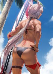 1girls animal_ears ass ass_cleavage back back_tattoo back_view bikini black_bikini blue_eyes butt_crack caenis_(fate) caenis_(swimsuit_rider)_(fate) dark-skinned_female dark_skin fate/grand_order fate_(series) female female_only from_behind hand_on_hip leg_strap long_hair mugetsu2501 muscular_arms muscular_back muscular_female ponytail smile solo standing surfboard swimsuit tattoo thigh_strap thighs very_long_hair white_hair