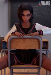 3d alternate_costume alternate_hairstyle blender female female_only latina looking_at_viewer mexican overwatch purple_eyes purple_hair school school_uniform schoolgirl sitting_on_chair solo solo_female sombra stockings tanned_female vivans