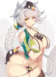 1girls ass asymmetrical_hair bangs bare_shoulders between_breasts between_buttocks between_legs black_panties blush bra braid breast_hold breasts choker cloud_print collarbone crop_top cupless_bra drooling failure_penguin hair_ornament hip_focus huge_ass jitome kantai_collection large_breasts long_hair looking_at_viewer midriff navel on_head open_mouth panties panty_pull pokoten_(pokoten718) silver_hair single_braid skindentation solo swept_bangs thighhighs underwear unryuu_(kantai_collection) very_long_hair wavy_hair wide_hips yamaarashi yellow_eyes