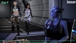 3d 3d_(artwork) alien alien_girl alien_humanoid asari asari_futanari banap big_penis black_hair blender blender_(software) blue_eyes blue_skin brown_eyes brown_hair comic dialogue english english_dialogue english_text erection futanari huge_cock jack_(mass_effect) liara_t'soni mass_effect miranda_lawson no_nut_november precum self_upload subject_zero tagme tattoo tattoos text