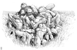 2022 abs animal_genitalia animal_penis anthro balls bro_pile cuddle_pile cuddling exposed felid feline flaccid fur genitals group hair hi_res hyaenid lion looking_at_viewer male male/male male_focus male_only mammal momamo monochrome multiple_doms multiple_doms_one_sub muscular muscular_anthro muscular_male nude outside pantherine pecs penis public public_nudity sheath simple_background spotted_hyena squish traditional_media_(artwork)