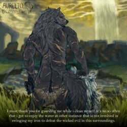 2022 absurd_res anthro ass barely_visible_genitalia barely_visible_penis biped blaidd_(elden_ring) canid canine canis citrine_lion clothing detailed_background dialogue digital_media_(artwork) elden_ring english_text facial_scar fromsoftware fur furry genitals grey_body grey_fur grey_hair hair hi_res humanoid_genitalia humanoid_penis male male_only mammal muscular muscular_anthro muscular_male penis purple_eyes scar scars_all_over solo talking_to_viewer text undressing video_games wolf