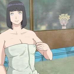 1boy 1boy1girl 1girls age_difference almost_naked bananaman bare_arms bare_shoulders bath bath_towel bathhouse bathroom bathtub big_breasts blonde_hair bob_cut boruto:_naruto_next_generations busty close-up female hi_res highres hyuuga_hinata incest large_breasts light-skinned_female light_skin looking_at_viewer male male/female mature mature_female medium_hair milf mother mother_and_son naruto naruto_(series) nosebleed older_female older_woman_and_younger_boy open_mouth pale-skinned_female pale_skin peeping purple_eyes shoulder_length_hair shounen_jump sitting smile smiling smiling_at_viewer son steam straight teenager towel towel_only uzumaki_boruto voluptuous whisker_markings whiskers window yellow_hair younger_male